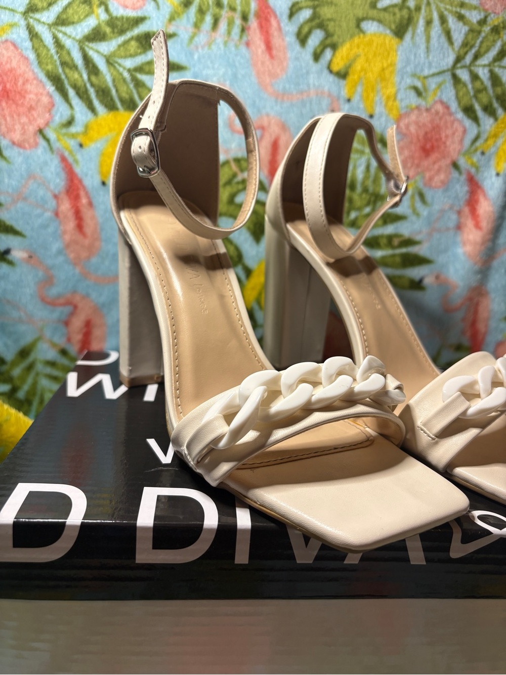Wild Diva Cream Chain-Front Ankle-Strap Block Heels